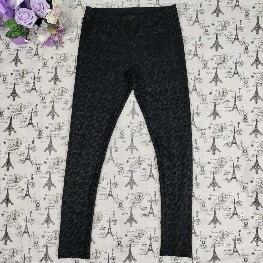 Jessica Simpson Women Black Faux Leather Straight Leg Lace Tight Legging